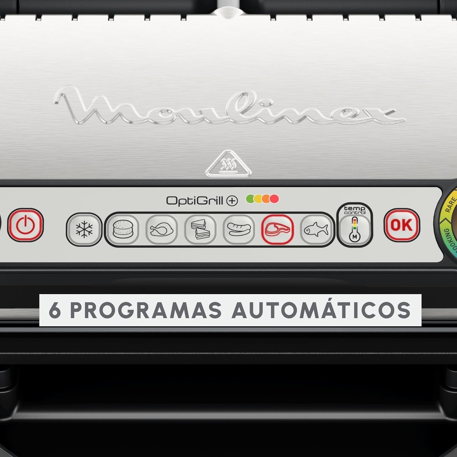 Moulinex OptiGrill+ Parrilla Eléctrica de Interior, Tecnología Patentada con Indicador de Cocción por Medición de Grosor, 6 Programas Automáticos, Piezas Aptas para Lavavajillas, GI712D10