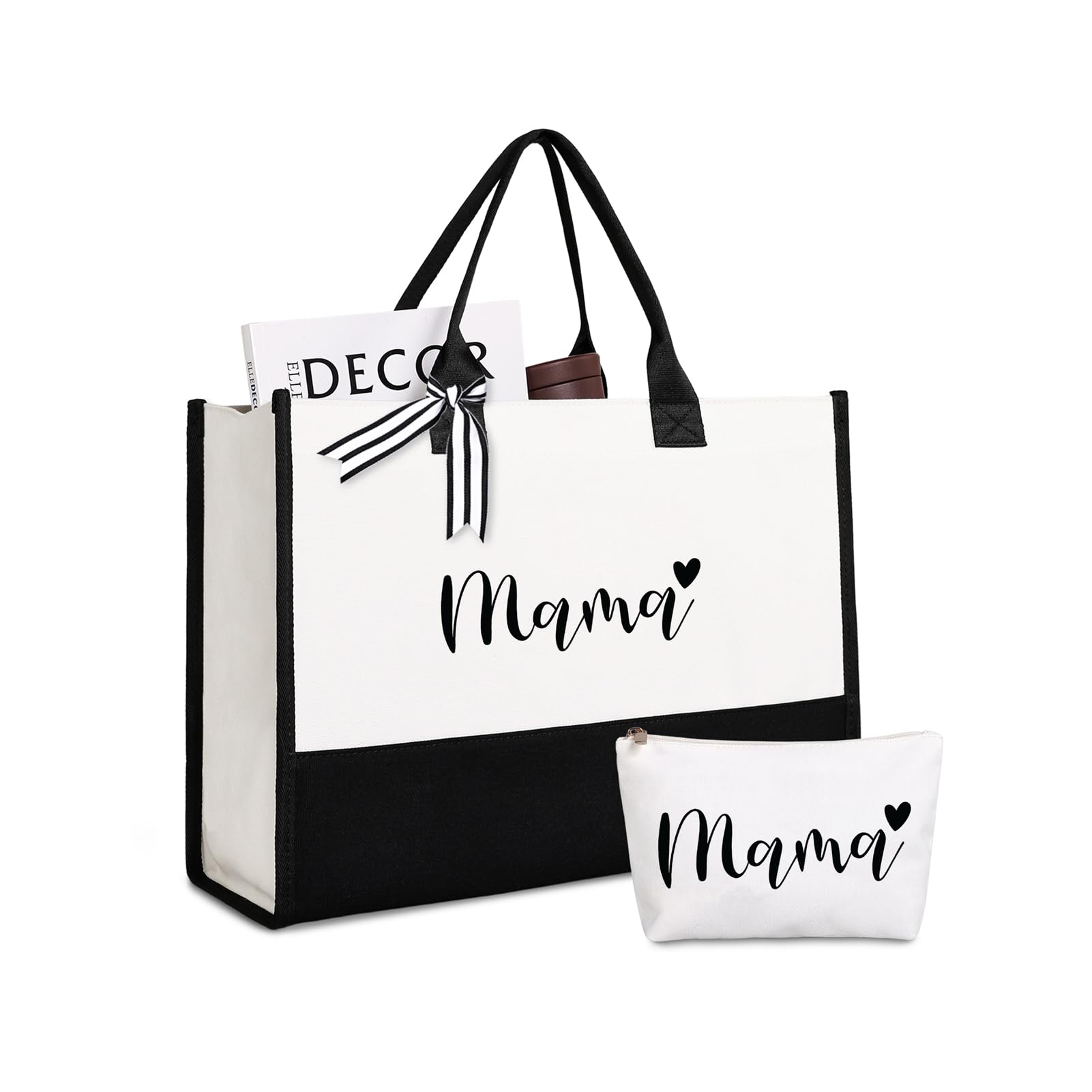 Lamyba Bride Tote Bag with Makeup Bag, Gifts for Engagement/Bridal Shower/Bachelorette/Wedding Party Black and White