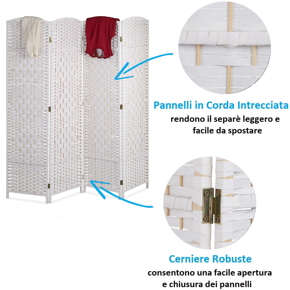 Paluplus Divisorio per Ambienti Pieghevole a 4 Pannelli, Misura 176x180 cm, Separè in Corda Intrecciata, Paravento Decorativo da Interno per Camera da Letto, Soggiorno, Ufficio -663F (Bianco)
