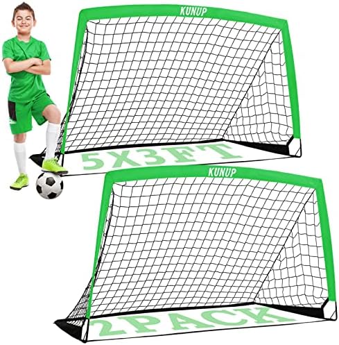 Kunup Kids Soccer Goals for Backyard Set of 2 Portable Soccer Nets for Backyard Folding Soccer Goals Practice Nets with Carrying Bag for Outdoor Indoor (5x3.1FT, Green)