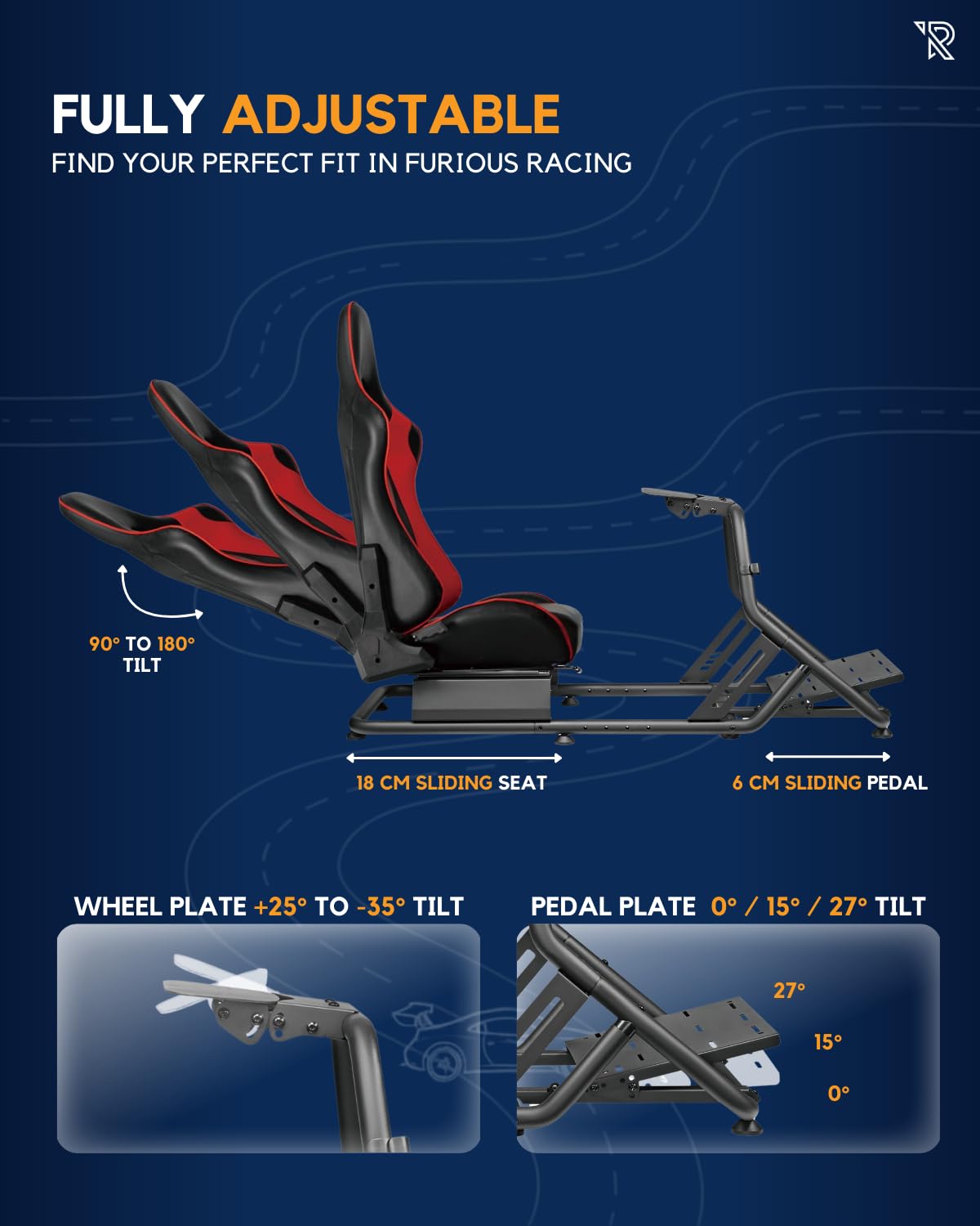 Ranqer Racing Simulator Cockpit - Racing chair with steel frame - Racing Cockpit/Racing Simulator Rhair - Adjustable Backrest for Beginners and Professionals - Metal frame - Simracing cockpit