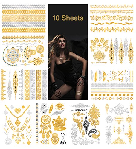 Temporary Metallic Tattoos, Waterproof Non-Toxic 175+ Designs, 10 Large Sheets Henna Tattoos in Gold & Silver, Gold102