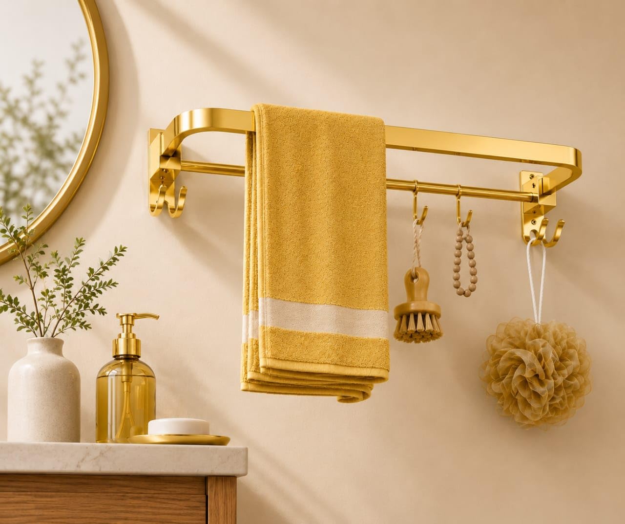 Bathroom Towel Rack Wall Mounted (60 x 21.5 x 12 cm) with Multi Hooks | Heavy Duty Aluminum Towel Holder | Rust Resistant Organizer (Golden)-picture-25