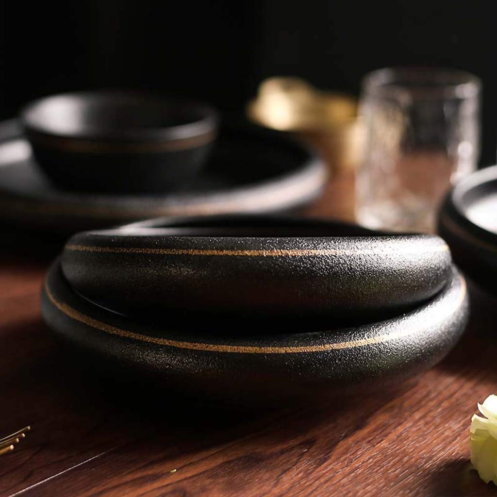 Ensemble bol et assiette japonais en céramique noire et dorée - Bol profond à salade et à nouilles - Plat de service créatif idéal pour le petit déjeuner et la maison