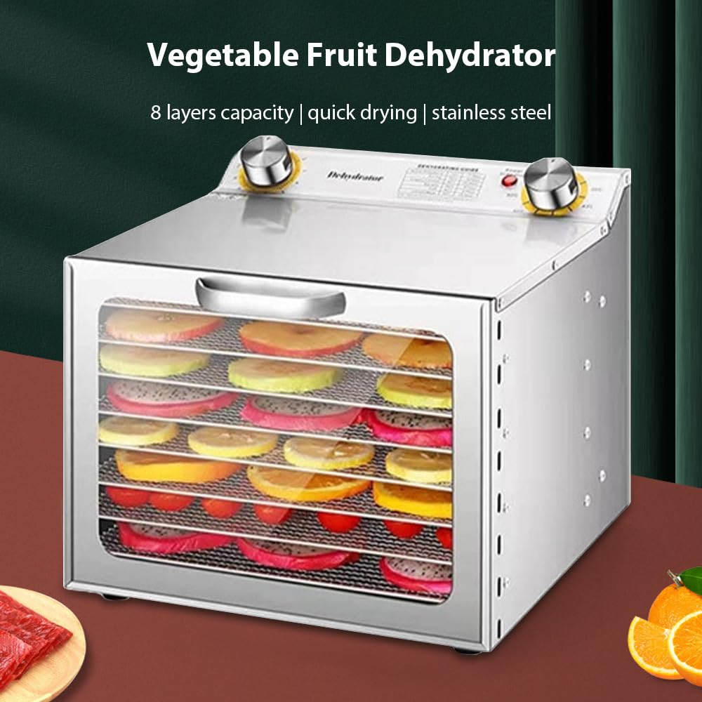 Essiccatori per alimenti e carne secca con timer 24 ore 8 griglie di essiccazione 400 W 30-90 ℃ Essiccatore per frutta e verdura Controllo della temperatura regolabile e finestra visibile per u