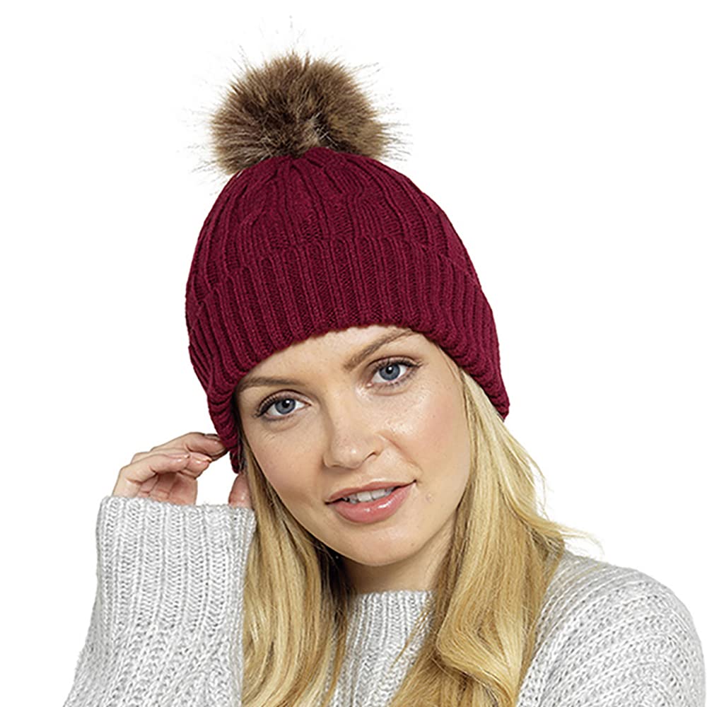 DINZIO Ladies Knitted Beanie HAT with Faux Fur & Pompom
