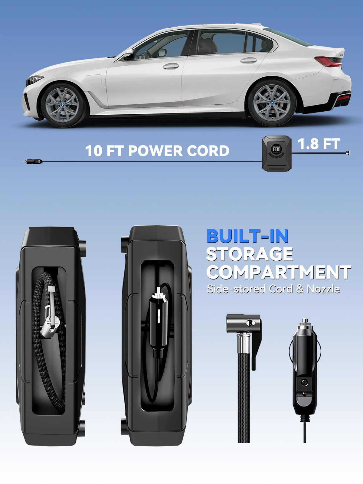 Compresor de aire portátil de inflado rápido, bomba de aire eléctrica de 150 PSI con apagado automático y visualización LED, bomba de aire de 12 V CC para coche, bicicleta, motocicleta