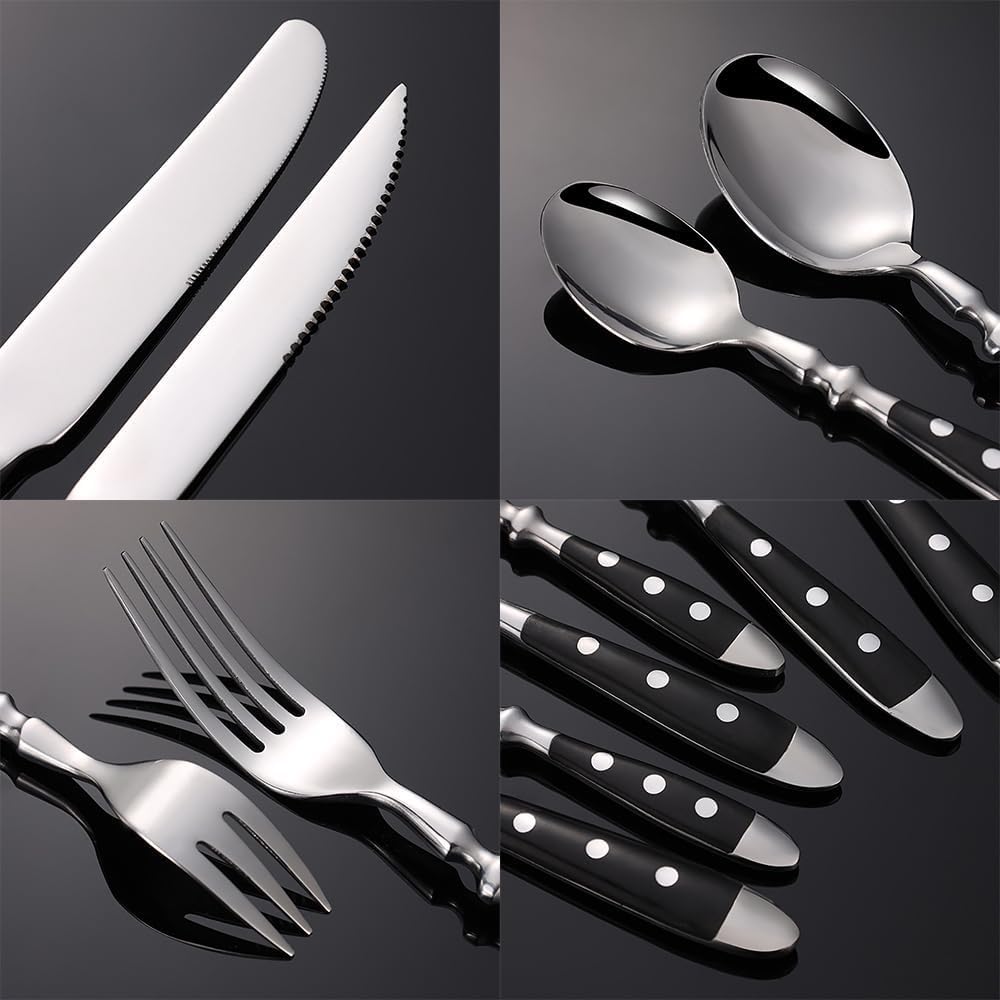 Dieses 12-teilige Besteckset mit Nietgriffen in Schwarz (Gabeln, Löffel und Messer) ist ergonomisch, robust und hochglanzpoliert und eignet sich perfekt für Thanksgiving und Familienfeste. S