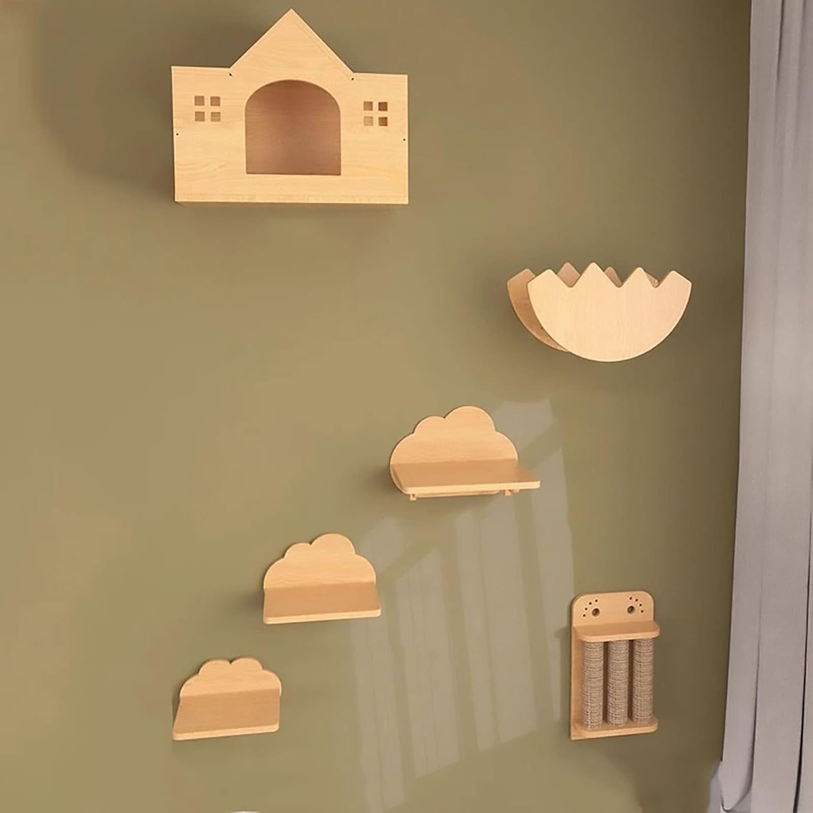 Set di mensole da parete per gatti, trespolo in legno con ponte e amaca per gatti, mobili da parete per arrampicarsi, dormire e giocare