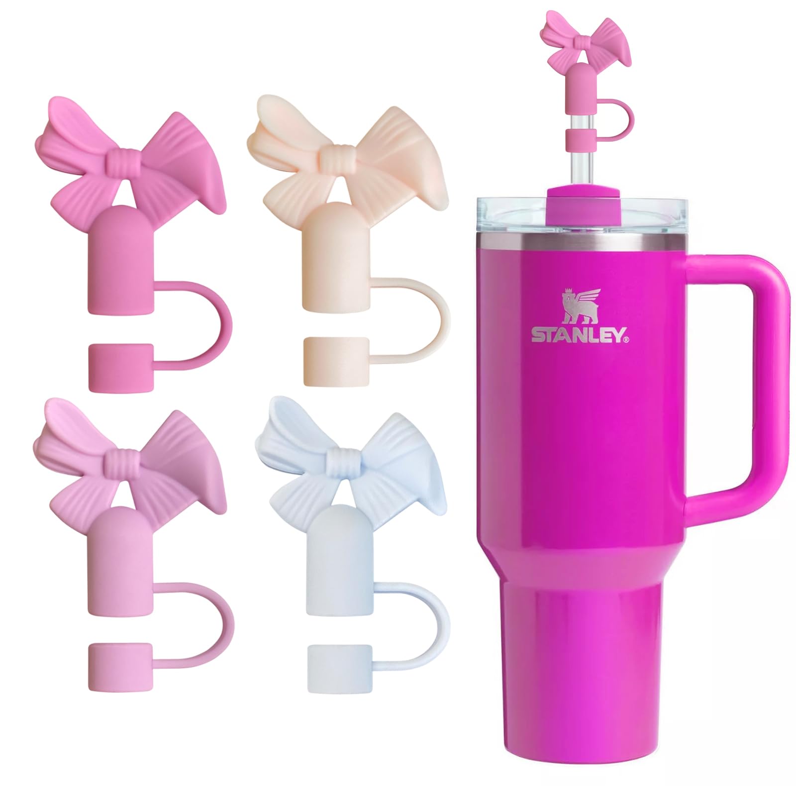 Bow Straw Cover for Stanley Cup, 10mm 0.4in Silicone Cute Straw Toppers Compatible with Stanley 40/30 oz Tumbler Cups, Pink Blue Reusable Straws Tip