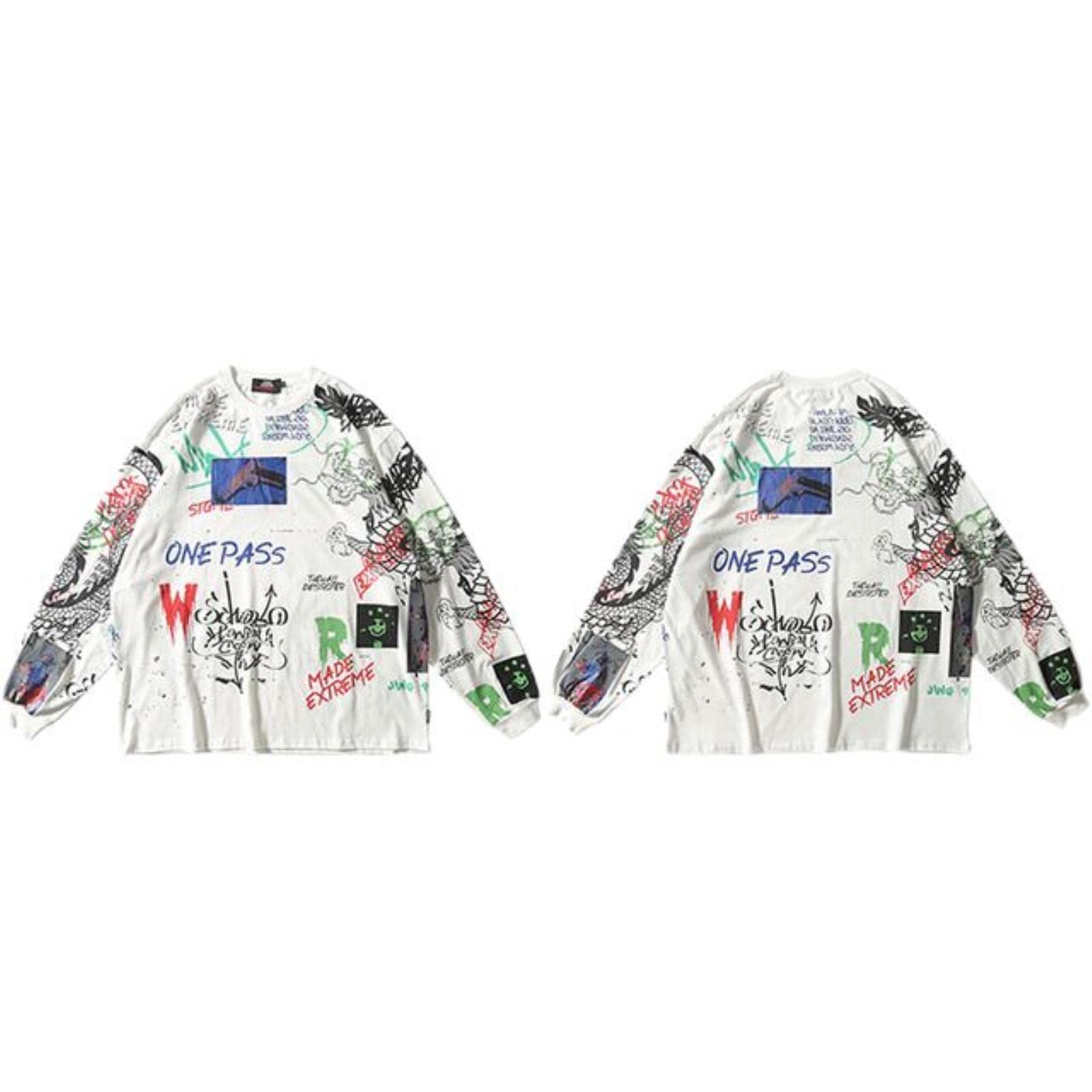 Maglietta da uomo Streetwear Hip Hop Graffiti a maniche lunghe Harajuku Tshirt oversize autunno allentato T-shirt in cotone Causale Top Tees-A212011 Bianco, Asiatico XL