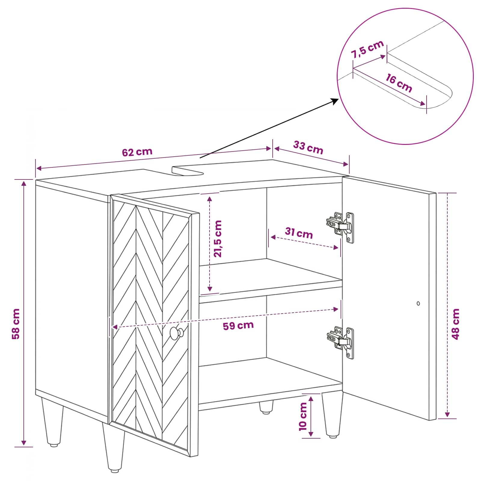 Armario para debajo del lavabo de madera maciza de mango 62 x 33 x 58 cm con botones de latón, mueble de baño compacto, espacio de almacenamiento para cuarto de baño, inodoro, práctico