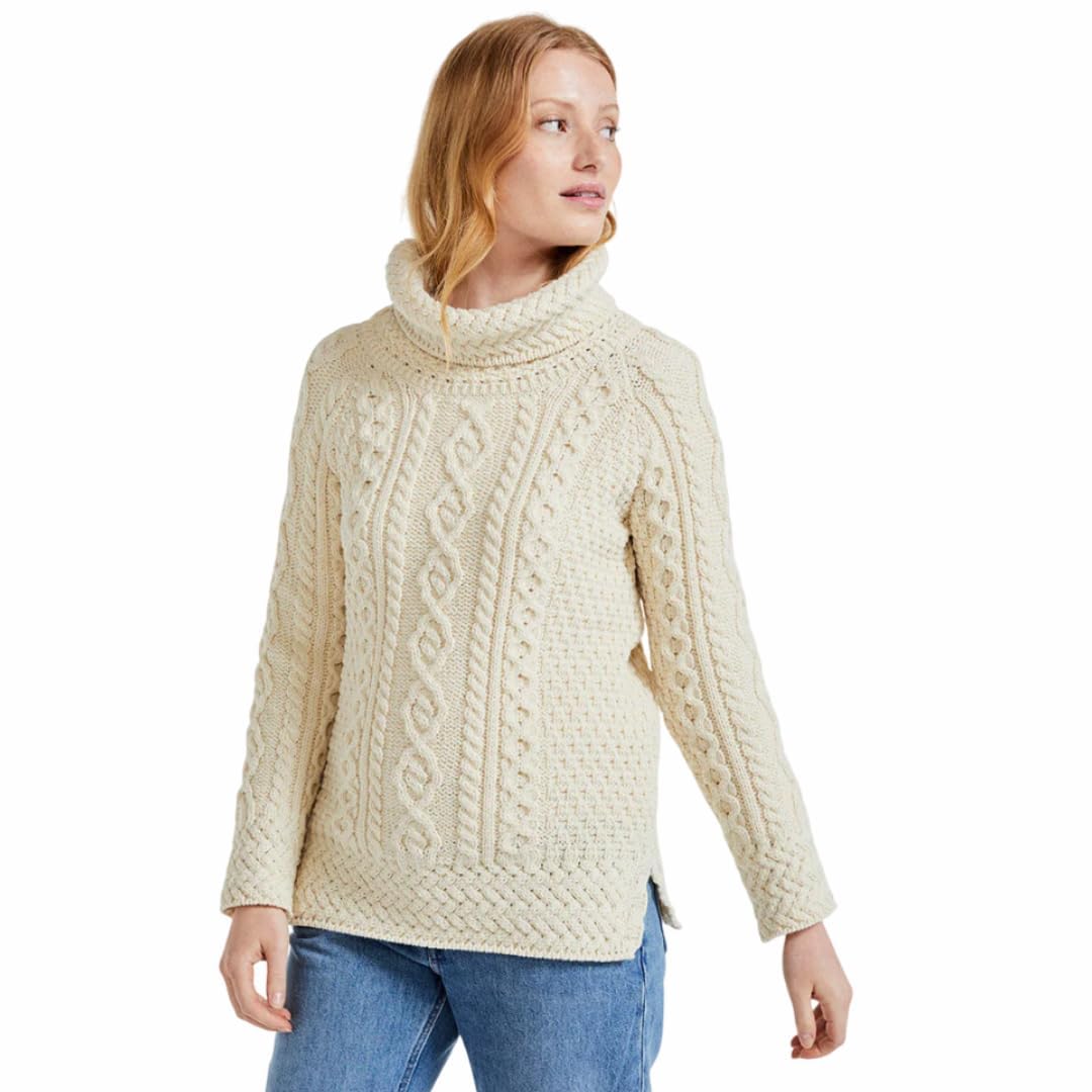 Carraig Donn Ladies 100 Merino Wool Vented Roll Neck Jumper Natural Colour Medium