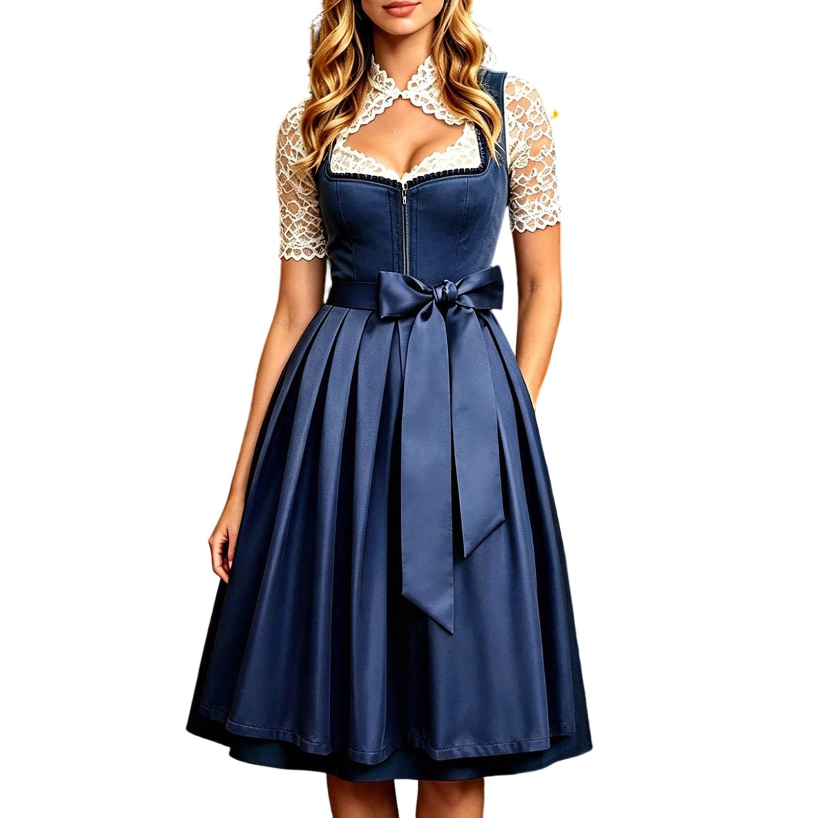 SKFLABOOF Dirndl Blau Damen Midi Lang Trachtenmode Dirndelkleider Trachtenrock Elegant Dirndlkleid Trachtenkleid Oktoberfest Outfit mit Dirndlschürzen
