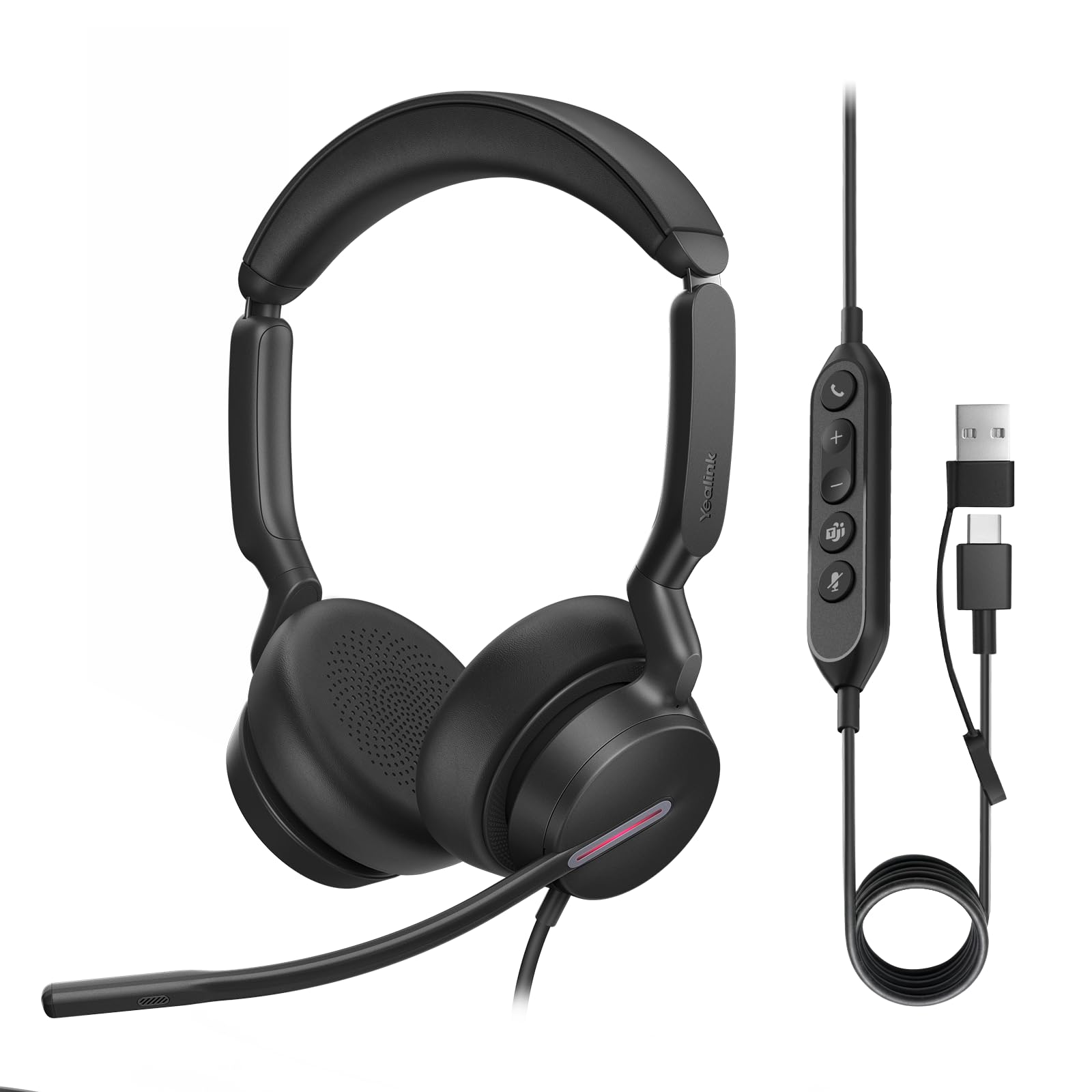 Yealink UH46 - Auriculares estéreo USB con micrófono, auriculares con cable de escritorio con reducción de ruido, auriculares USB-C/A para PC, oficina, centro de llamadas, equipos certificados