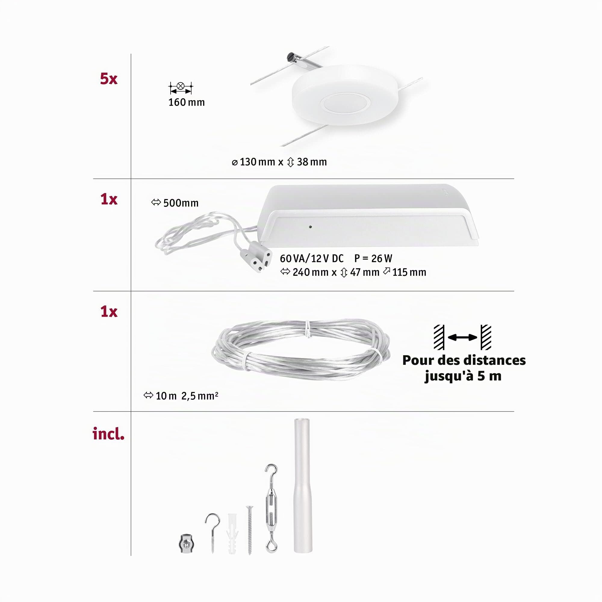 Paulmann 94426 Corduo LED, kit de système à câble DiscLED DC, comprenant 5 x 4,5 watts, extensible, chrome mat, câble métallique chromé, 3000 K