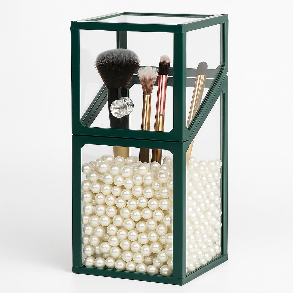 London Boutique Green Luxury Glass Makeup Brush Holder With Pearl Beads, 21Cm Height, Dustproof Lid, Available In White/Black/ (Green)