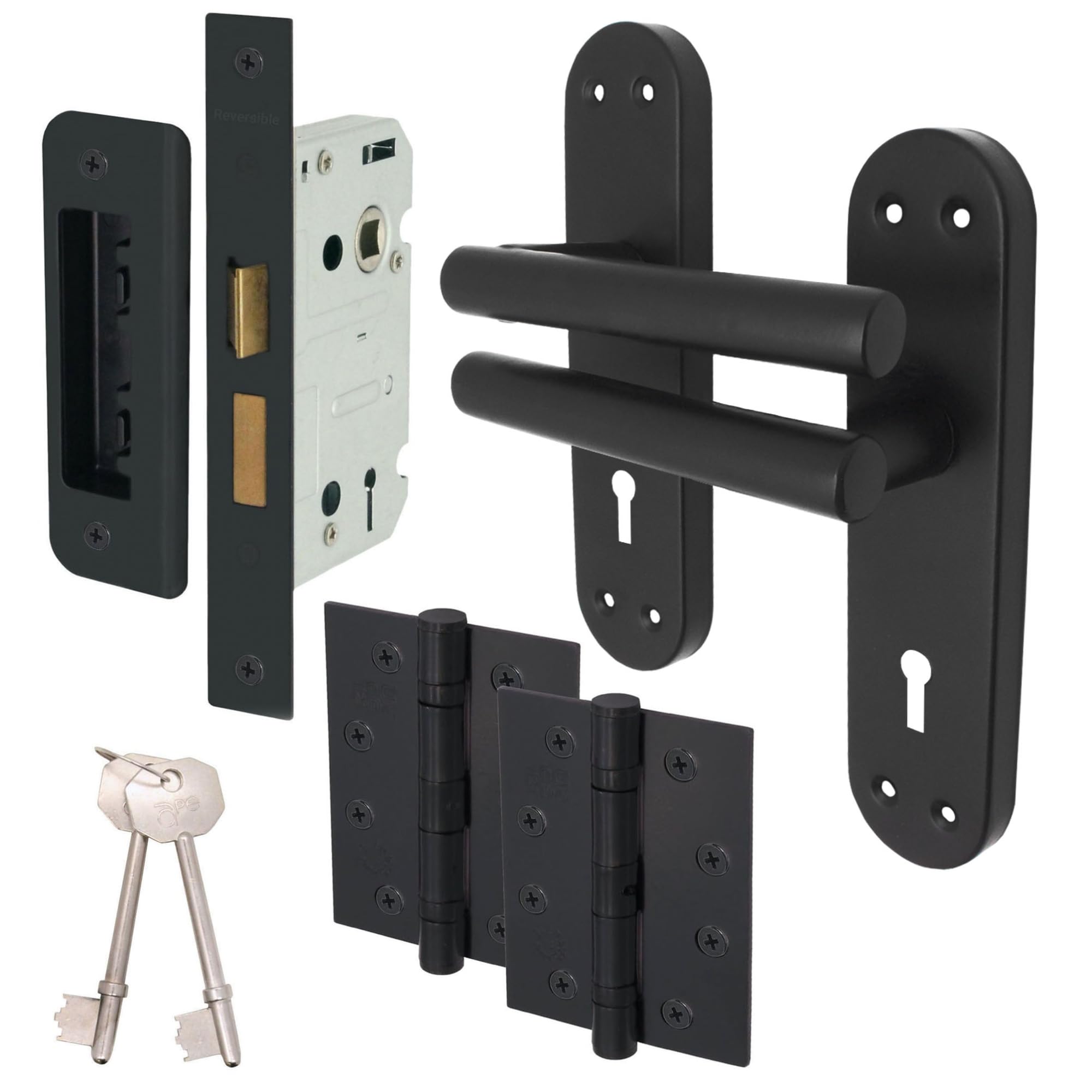 EAI Black Door Handle Key Lock Set | 1 Pair of Matt Black Internal Lever T-Bar Handles on Backplate with Hinges (76mm), Sash Lock (80mm) & Keys | Oliena Range