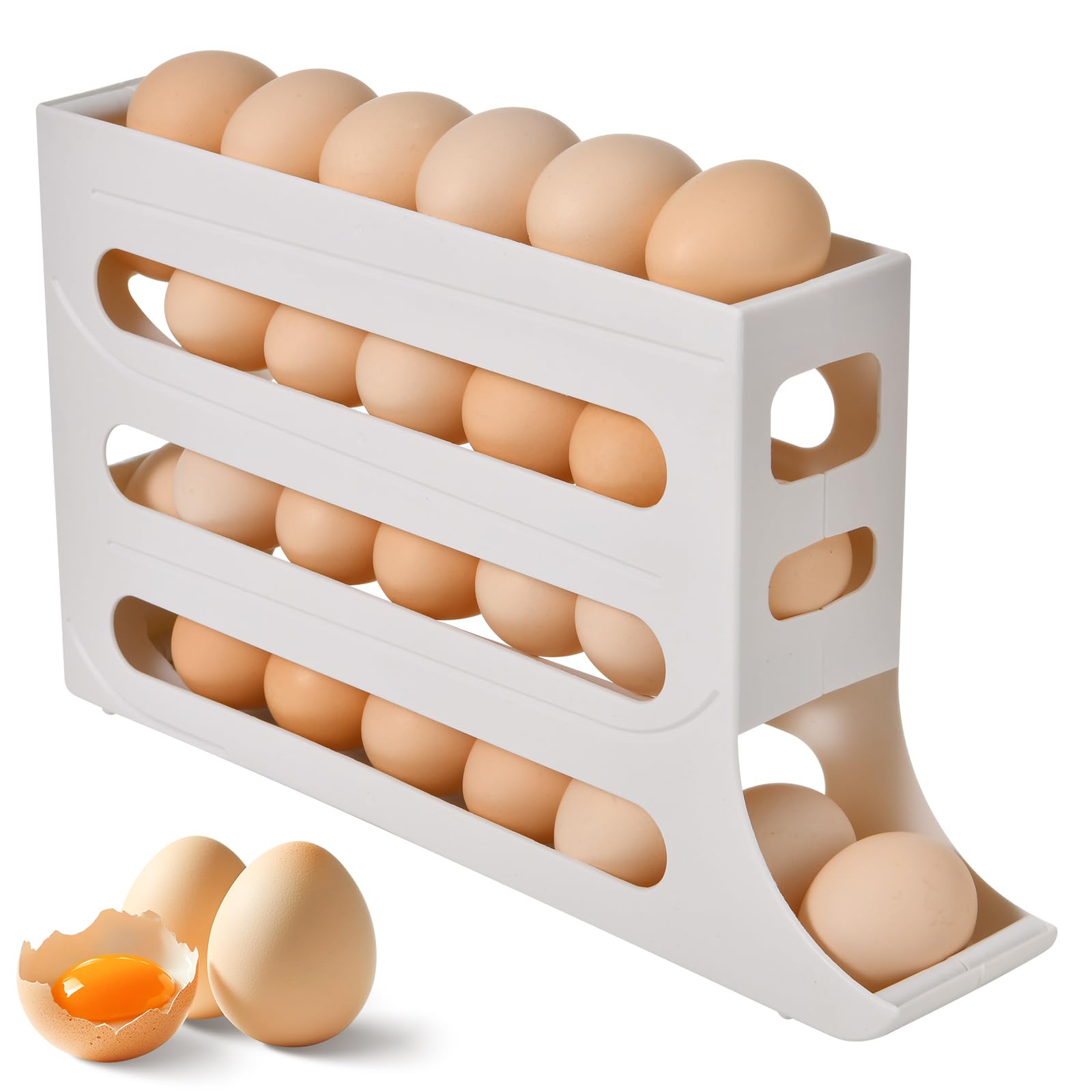 Soporte para 30 huevos para refrigerador, organizador de huevos con ruedas automáticas de 4 niveles para refrigerador, organizadores de refrigerador y almacenamiento (blanco)