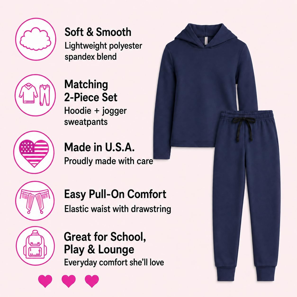 Sweet Hearts Sweatpants Set - 2 Piece Fleece Pullover Hoodie Girls Sweatshirt & Sweatpants Matching Set: Made in USA (5-18)