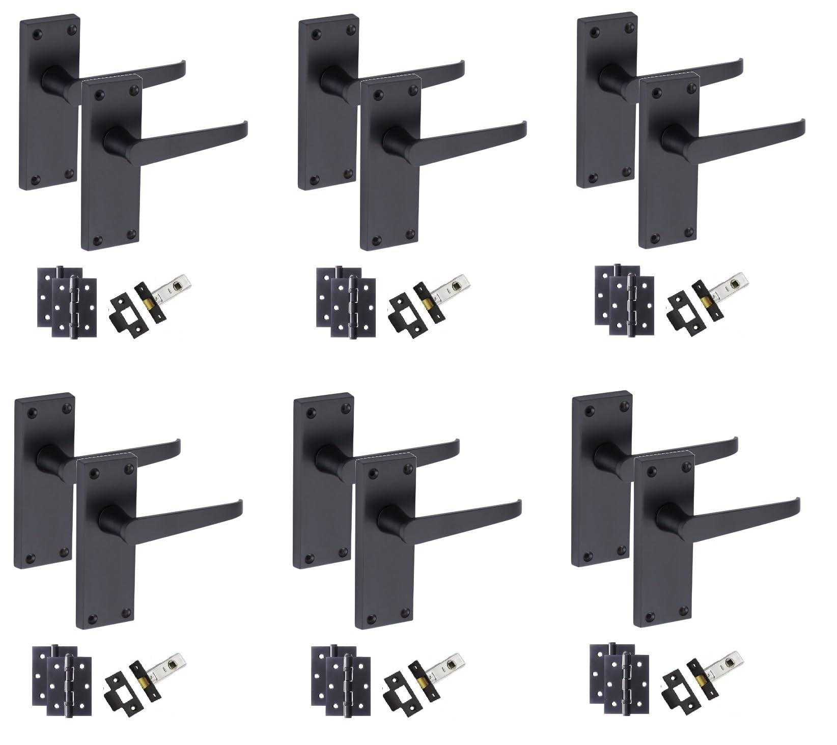 Golden Grace Victorian Straight Handle Latch Door Handles in Matt Black with 1 Pair of 3" Ball Bearing Hinges & Latches, 6 Set - 120mm x 40mm Backplate
