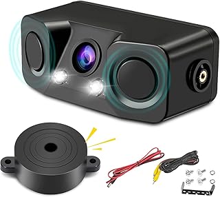 Cámara de marcha atrás para coche 3 en 1 con 2 sensores de radar – Detector de estacionamiento Alarma BiBi – Cámara de marcha atrás impermeable de 170° gran angular 2 LED Visión nocturna Kit de cámara