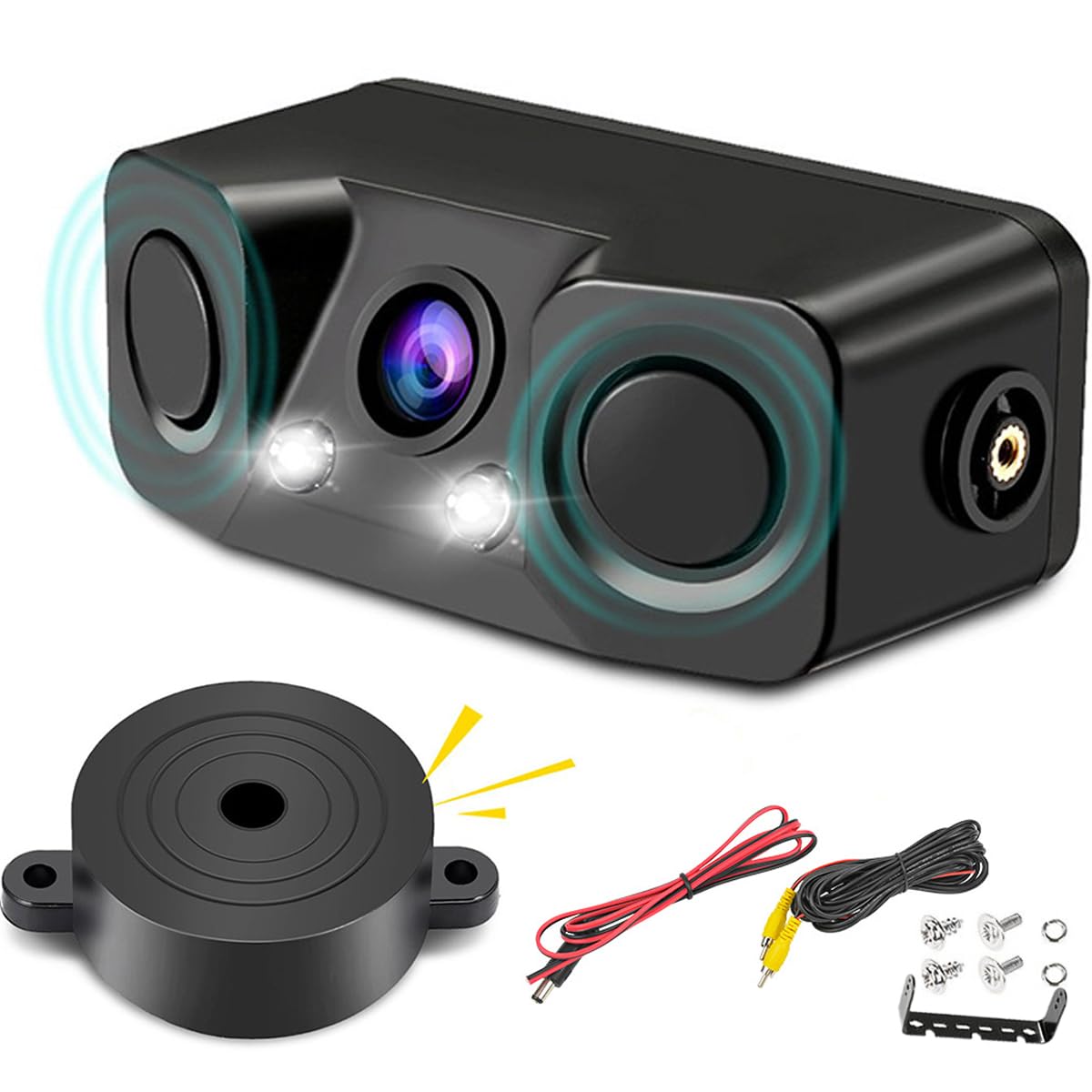 Cámara de marcha atrás para coche 3 en 1 con 2 sensores de radar – Detector de estacionamiento Alarma BiBi – Cámara de marcha atrás impermeable de 170° gran angular 2 LED Visión nocturna Kit de cámara