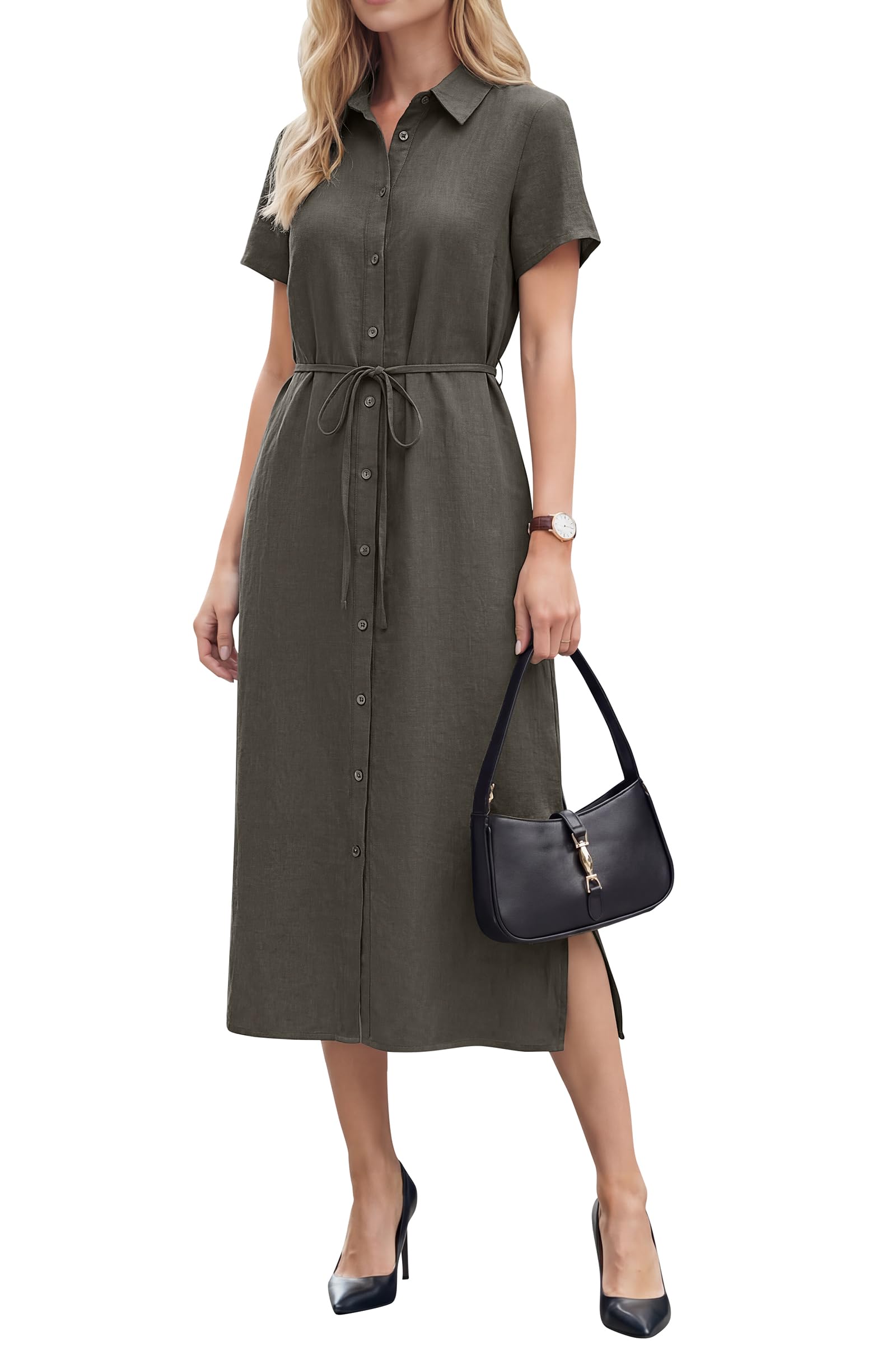 Arach&Cloz Women's Linen Midi Shirt Dress
