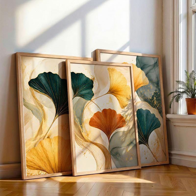 Image of NoWorries Abstract Ginkgo Leaf Wall Art Frames Set of 3 | Modern Botanical Look Paintings with Gold & Teal Leaves | Premium 300 GSM Prints in Synthetic Wooden Frames | Living Room, Bedroom, Office & Home Decor (NATURAL, ART-15, 21X31INCHES)
