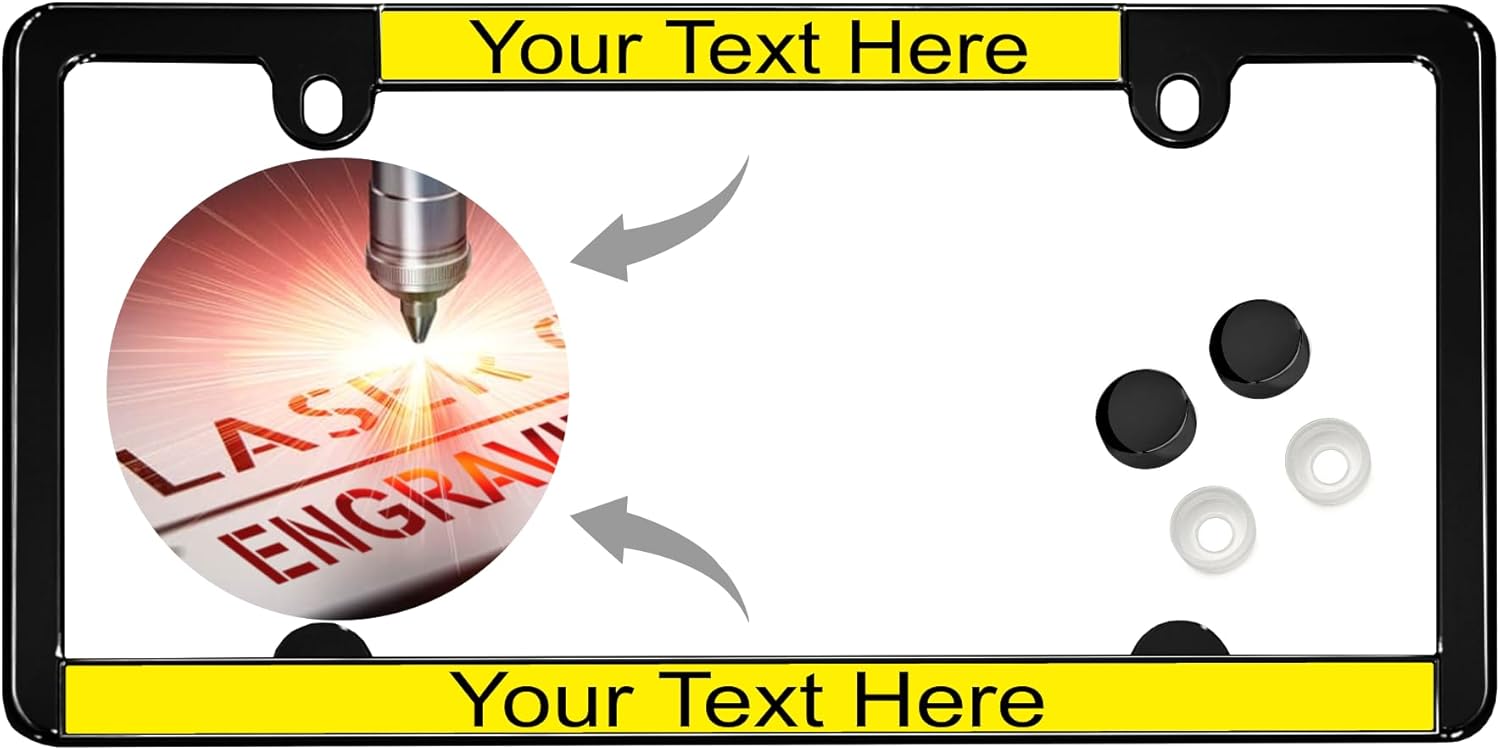 All-States | Slimline 2 Hole Black Metal Personalized with Custom Text Design Laser Engraved Standard Size - Car/Automobile License Plate Frame with Free caps - Yellow/Black (Qty: 1 Frame)