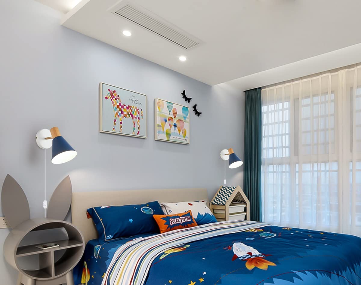 ClanKin Wall Sconces Lighting Fixture Set of 2, Rotatable Wall Mounted Bedside Reading lamp for Industrial Bedroom Bathroom, Sink Light for Hallway Living Room (Blue-pluginswitch, 2 Pack)