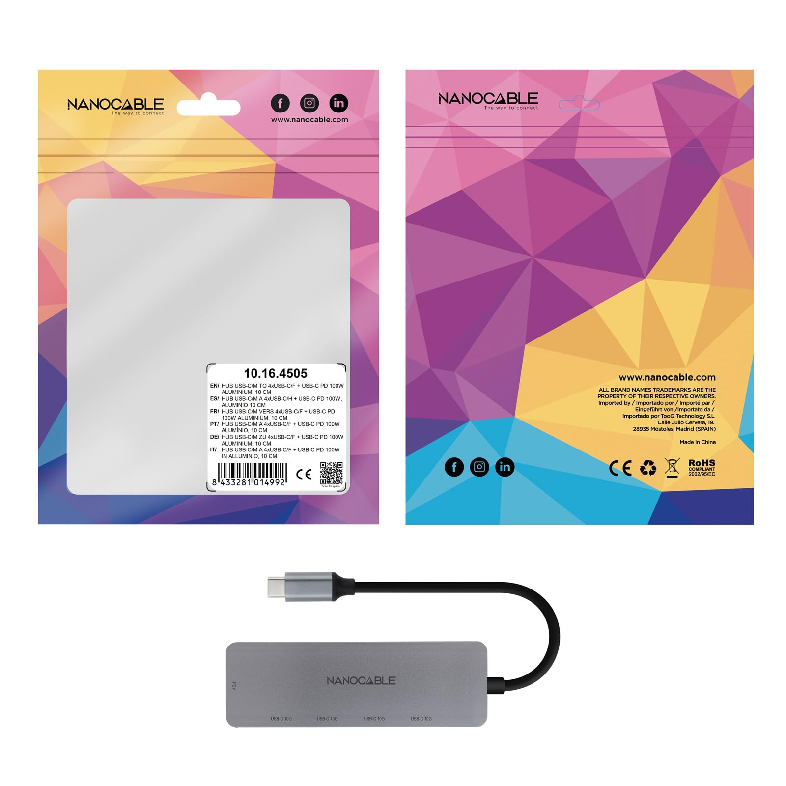 NANOCABLE 10.16.4505 koncentrator USB-C męski na 4 x USB-C żeński + USB-C PD 100 W, aluminium, 10 cm, szary, USB 3.2 Gen 2 x 1, kompatybilny z Windows, MacOS i Linux