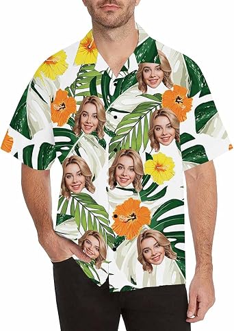 Custom Face Hawaiian Shirts for Men Short Sleeve Aloha Beach Shirt with Photo Tropical Palm Floral Casual Button Down Shirts