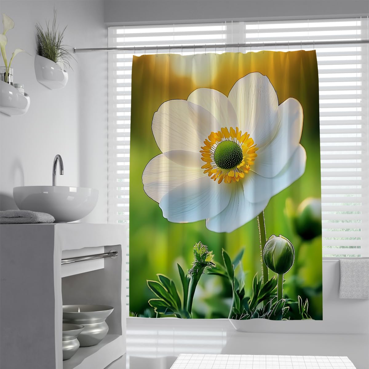 UIRINGART Macro White Japanese Anemone Petals Shower Curtain W180xL220cm Sunny Field Garden Wildflowers Fabric Water Repellent Anti Mould Bathroom Curtain For Tub