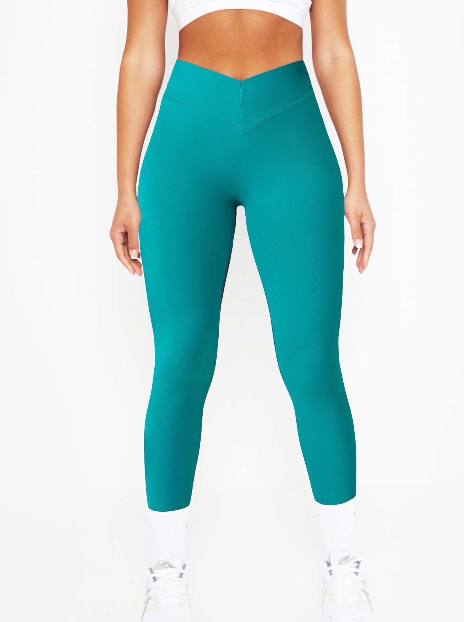 Mstaad Crossover Waist Workout Leggings for Women V Back Booty Scrunch Butt Lifting Athletic Gym Yoga Pants Peacock Green