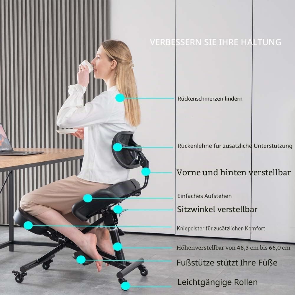 Kniestuhl mit Rückenlehne, ergonomisch für Büro, verstellbarer Hocker mit abgewinkeltem Sitz für bessere Haltung, dicke, bequeme Kissen, schwarz
