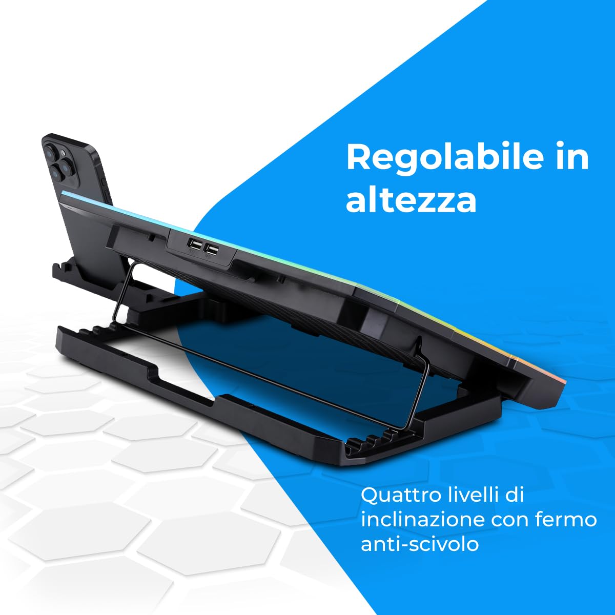 NK Base di raffreddamento portatile 17" LED RGB 6 ventole silenziose velocità regolabili 4 altezze regolabili USB telefono holder