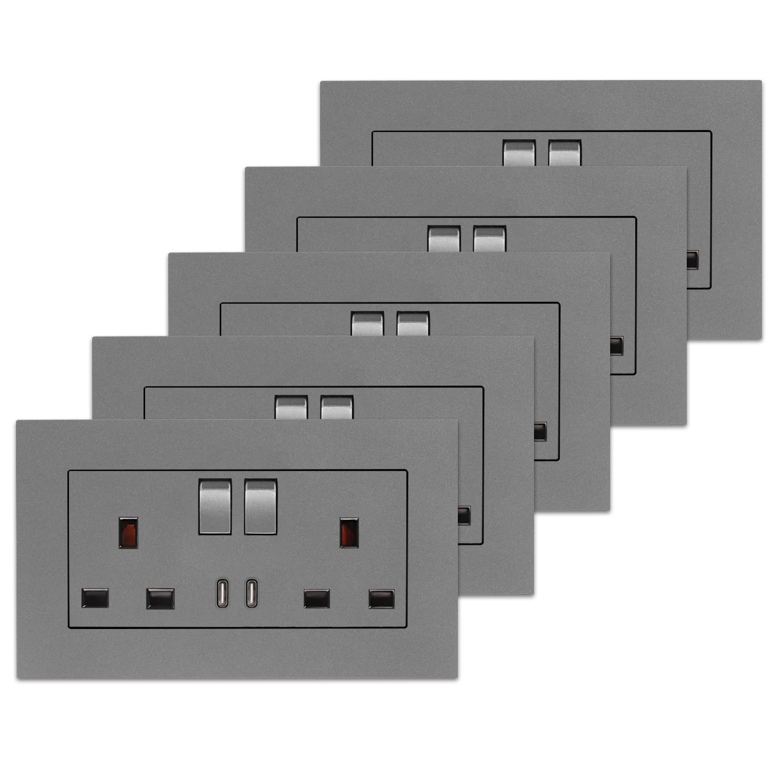5 Pack CNBINGO Double Switched Power Socket with Two Type-C USB Ports, 20W Fast Charging, 13 Amp Electrical Wall Plug Socket — image 1
