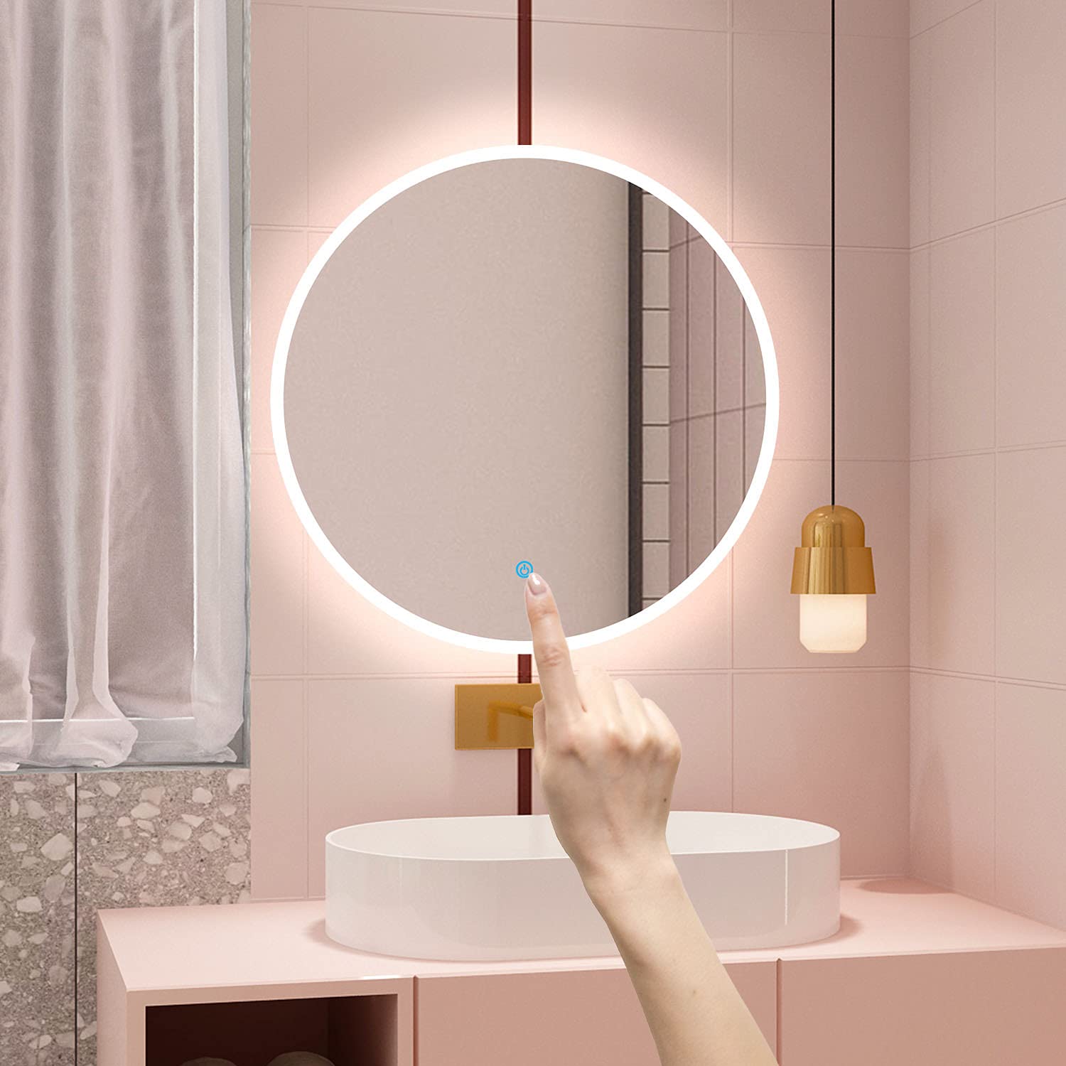 Okrągłe lustro łazienkowe 80 cm z przeciwmgielnym światłem LED (zimna biel 6000 K) przełącznik dotykowy – nowoczesne naścienne lustro kosmetyczne do dekoracji domu i rutyny kosmetycznej