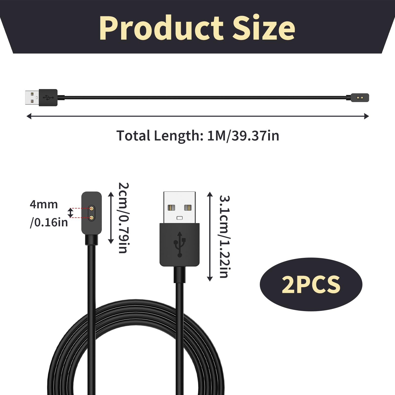 2 Pezzi Caricatore Magnetico Compatibile con MiBand 9, 8, 8 Pro, 8 Active, Cavo Redmi Watch 4, 3 Active, Cavo USB 1M per Smartwatch, Ricarica Sicura e