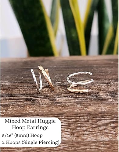 Miniatura 7 de Handmade TINY Mixed Metal Twist Loop Earrings Double Hoop for Single Piercing Gold Sterling Silver Spiral Illusion