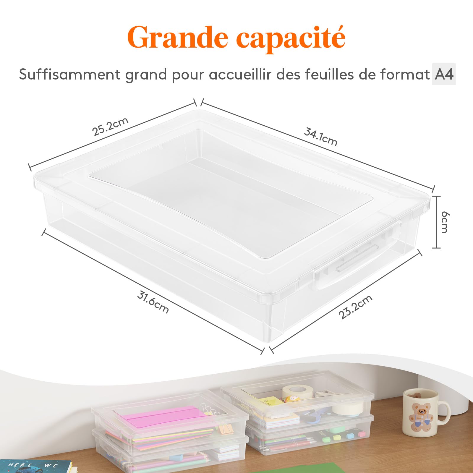 Lifewit Boite de Rangement A4 avec Couvercle, 5L Boite Rangement Document Papier, Boite Archives Carton Plastique, Boîtes de Stockage, Caisse de Rangement, 32 x 23 cm, Transparent, 4 Pièces