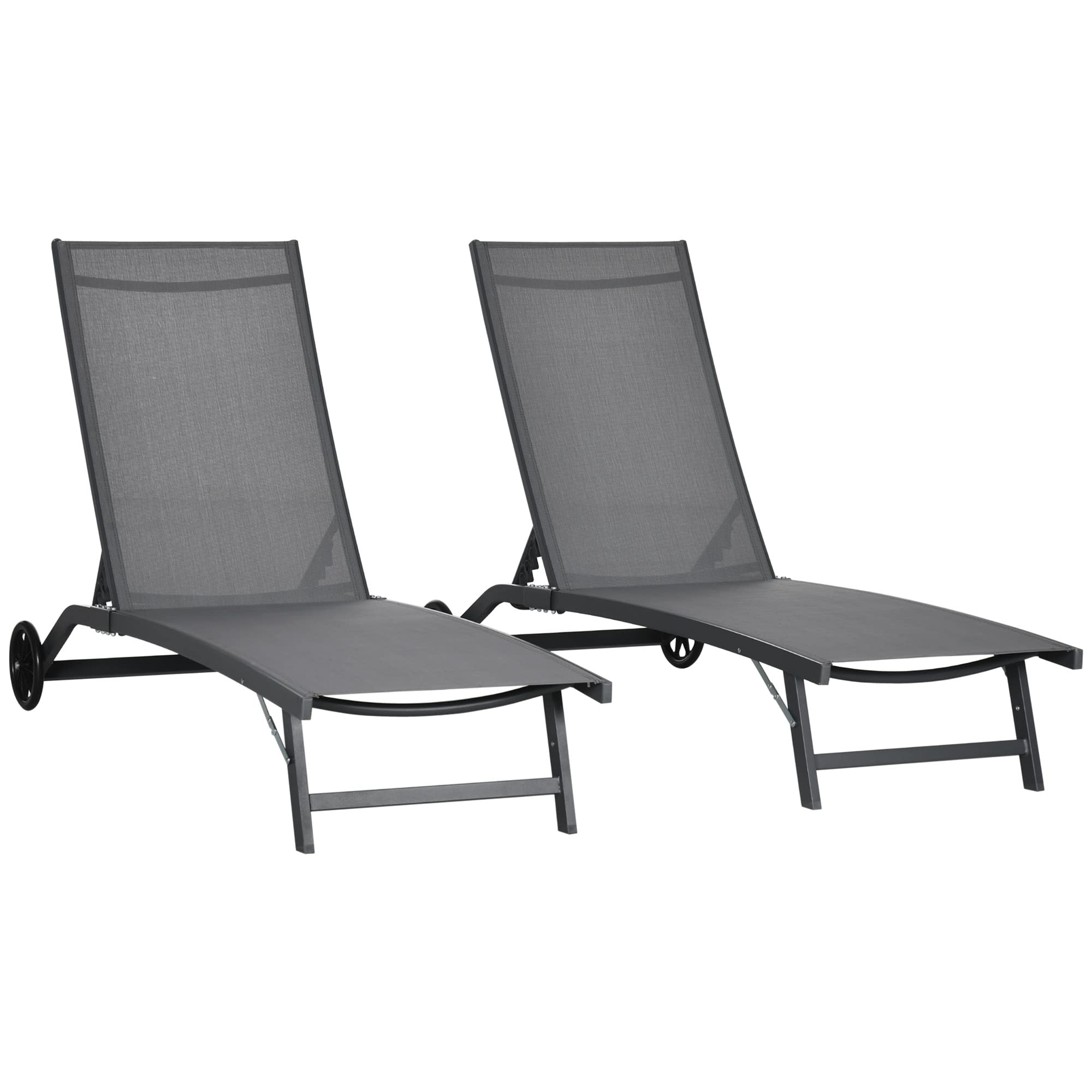 Outsunny Juego de 2 Tumbonas Reclinables de Jardín Sillas de Aluminio para Exteriores con Respaldo Ajustable de 5 Niveles y Ruedas para Playa Piscina 165x66x102 cm Gris Oscuro