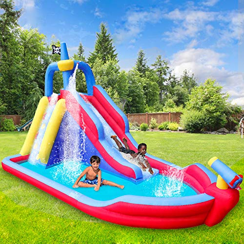 RETRO JUMP Inflatable Pirate Boat Water Slide for Summer Party Climbing Wall Water Park for Kids Birthday Gift, Include Blower, Patch Kits, Stakes, Water Tube, Carry Bag