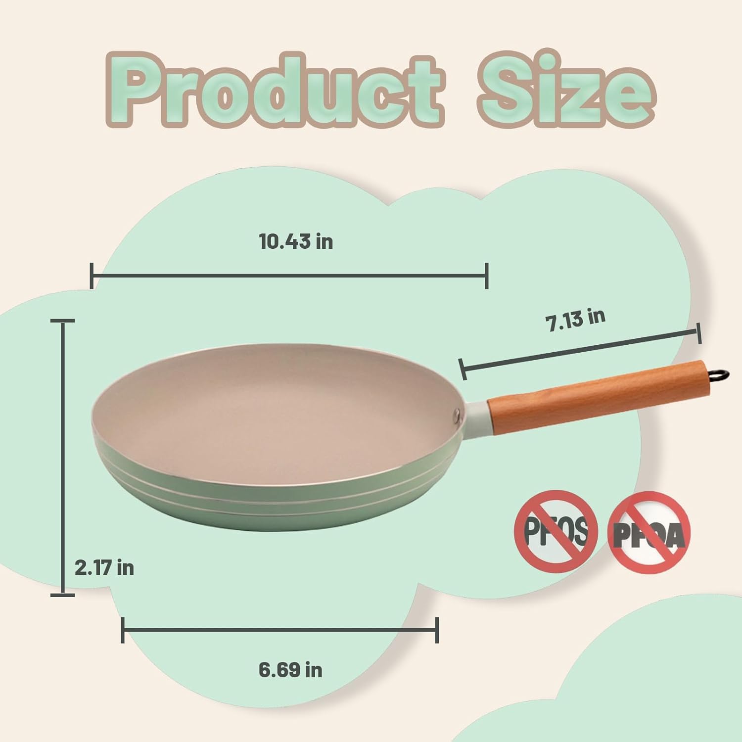 Nonstick 10 Inch Skillet, Green Coating, Wood Handle, PFAS Free, Suitable for Gas, Induction, Electric Stove