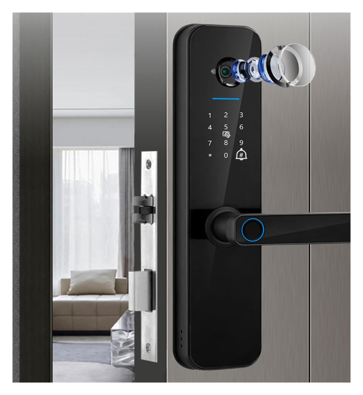 serrure connectée Serrure intelligente à empreintes digitales, avec caméra, serrure électronique numérique sans clé for porte d'entrée, for bureau, maison, chambre à coucher digitale