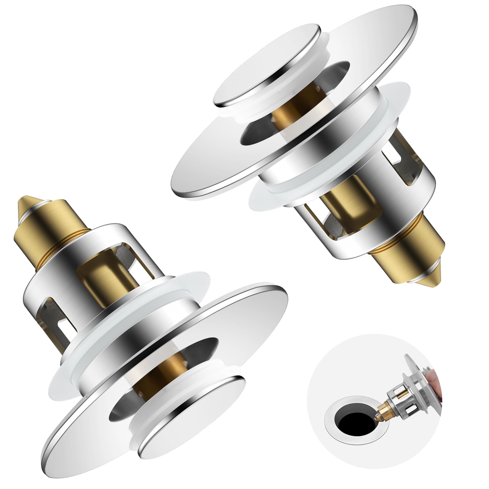 2PCS Universal Metal Bathroom Sink Stopper, 2-in-1 Pop Up, Chrome