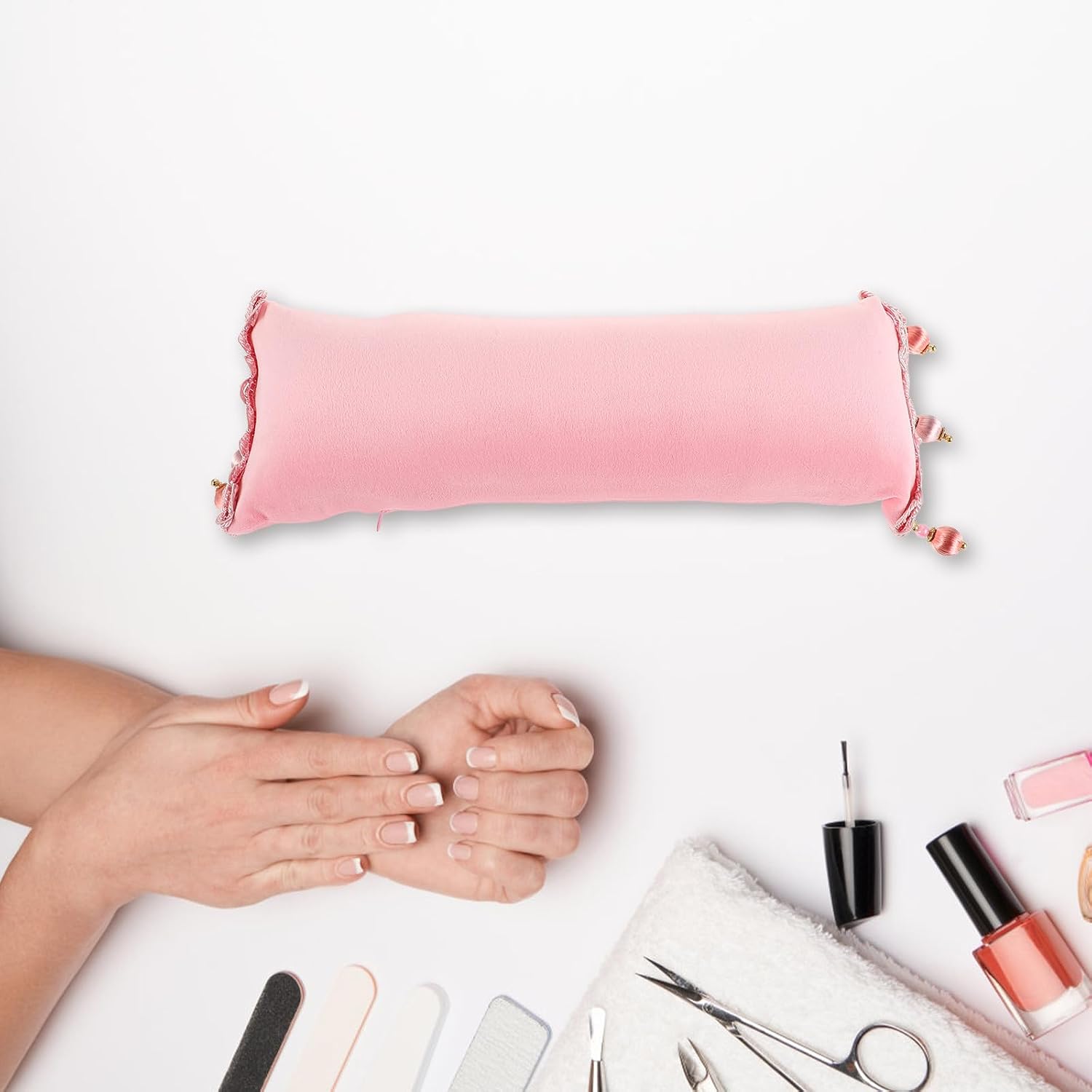 Ciieeo Nail Tech Arm Rest Cushion with Detachable Blush Plush Hand Pillow, Comfortable Sponge Hand Rest for Manicure Salon and Nail Art Use