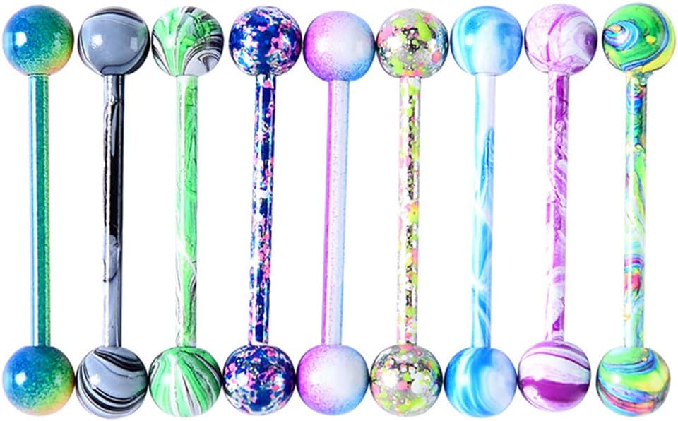 Tanyoyo 14G 18 Pcs Colorful Ball Tongue Rings Stainless Steel Barbell Tongue Straight Ring Retainer Nipple Ring Bar Length 16mm For Women Men