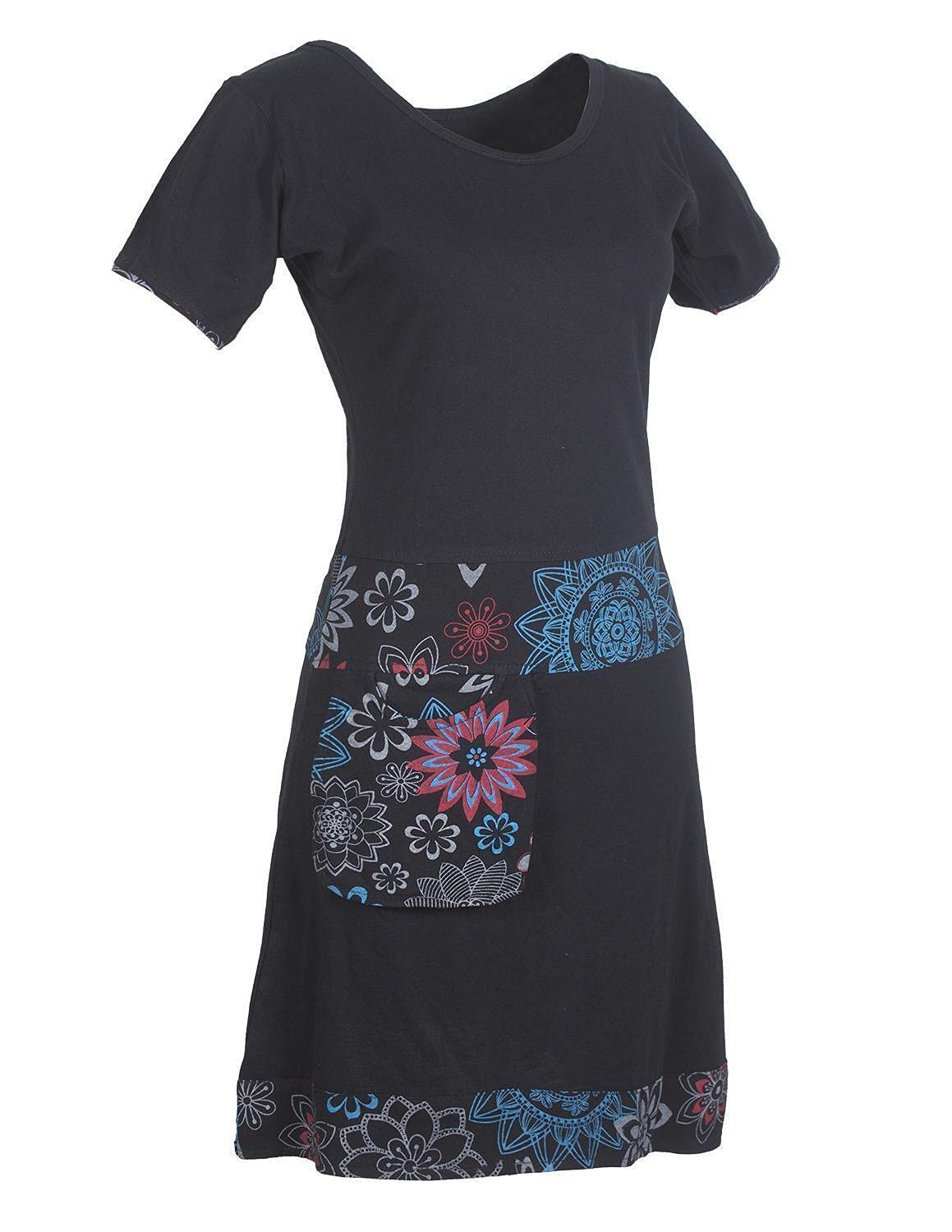 Vishes - Alternative Bekleidung - Damen Kurzarm Kleid Tunika Hippie Blumen Muster Sidebag Tasche